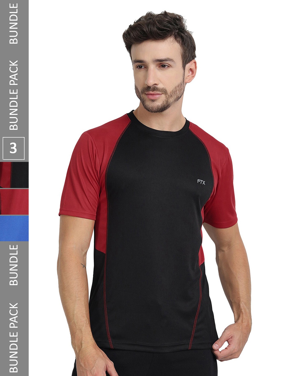 

FTX Pack Of 3 Colourblocked Round Neck Dry-Fit Sports T-shirt, Black
