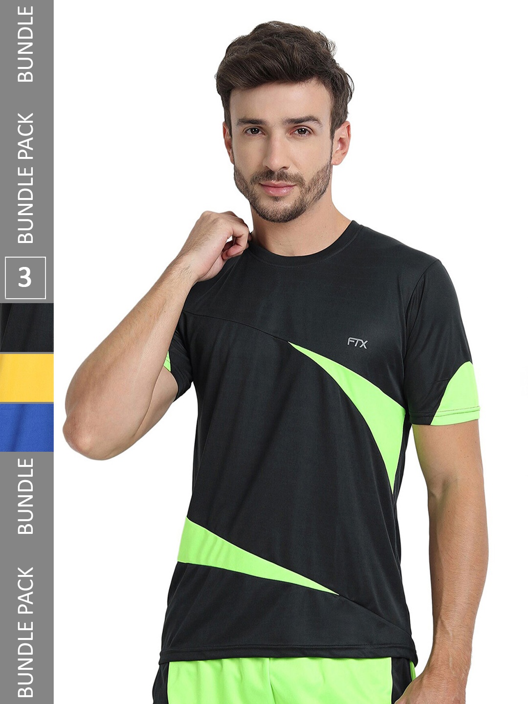 

FTX Pack Of 3 Colourblocked Round Neck Dry Fit Sports T-shirt, Black