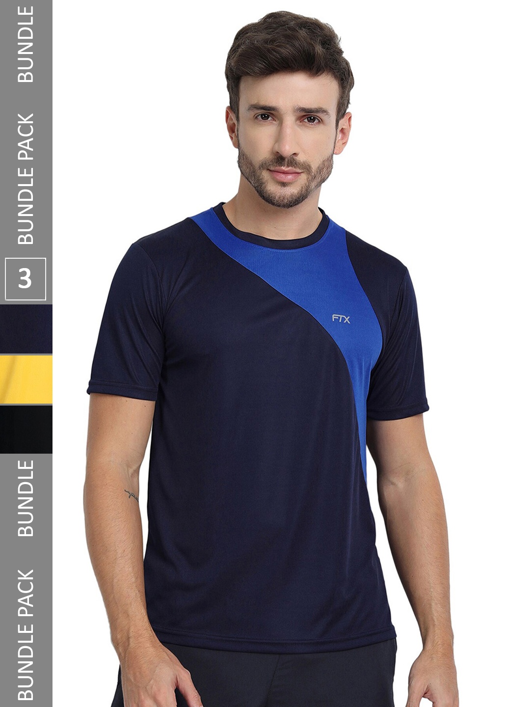 

FTX Pack Of 3 Colourblocked Round Neck Dry Fit Sports T-shirt, Black