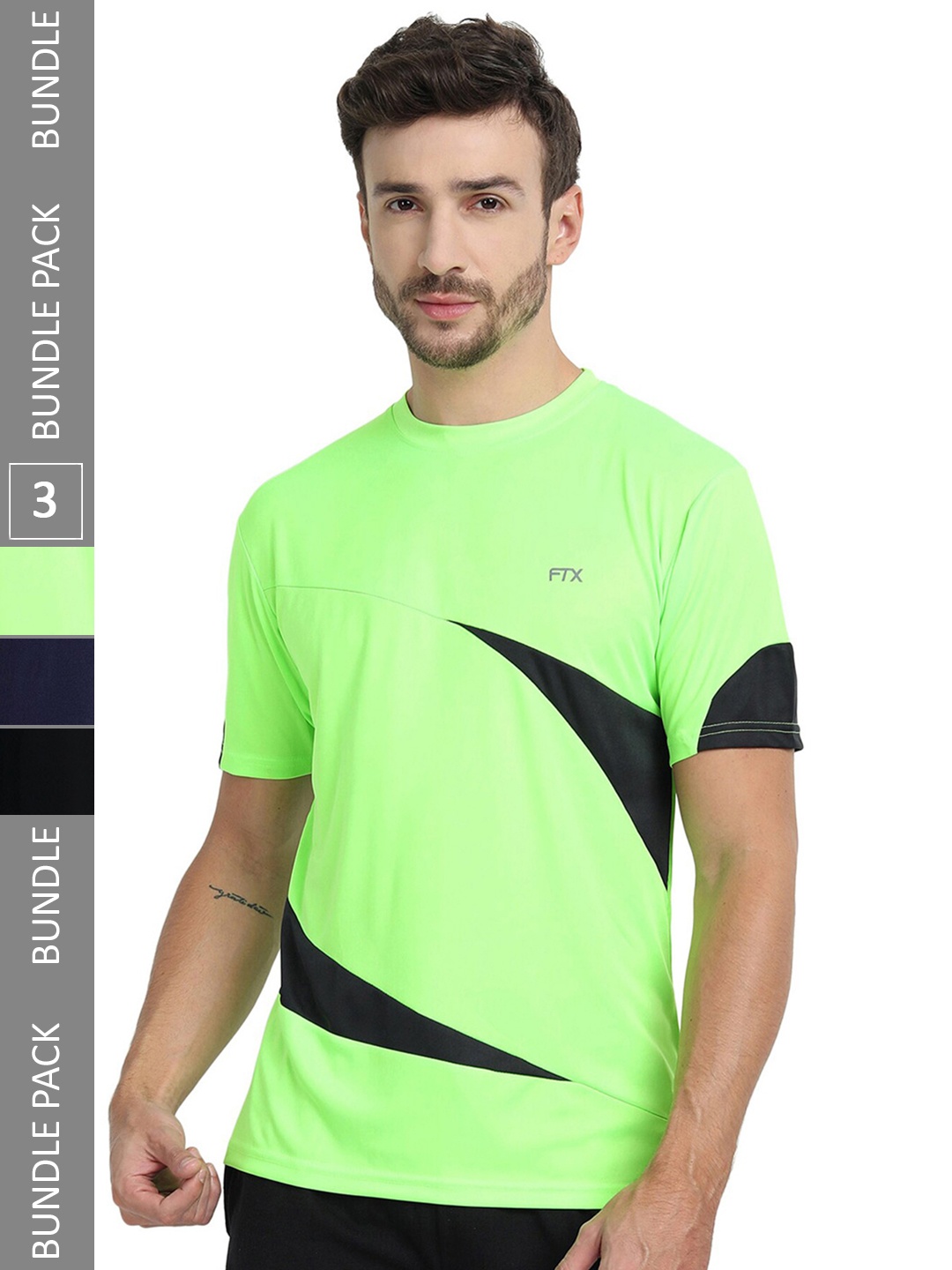 

FTX Pack Of 3 Colourblocked Round Neck Dry Fit Sports T-shirt, Fluorescent green