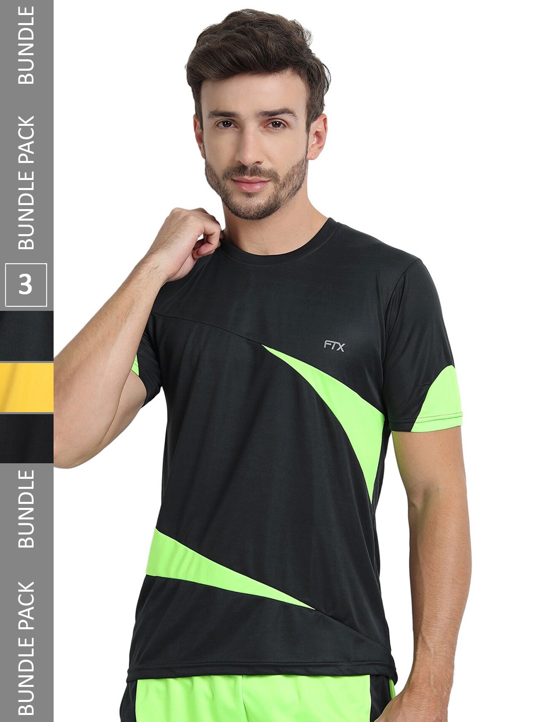 

FTX Pack Of 3 Colourblocked Round Neck Dry Fit Sports T-shirt, Black