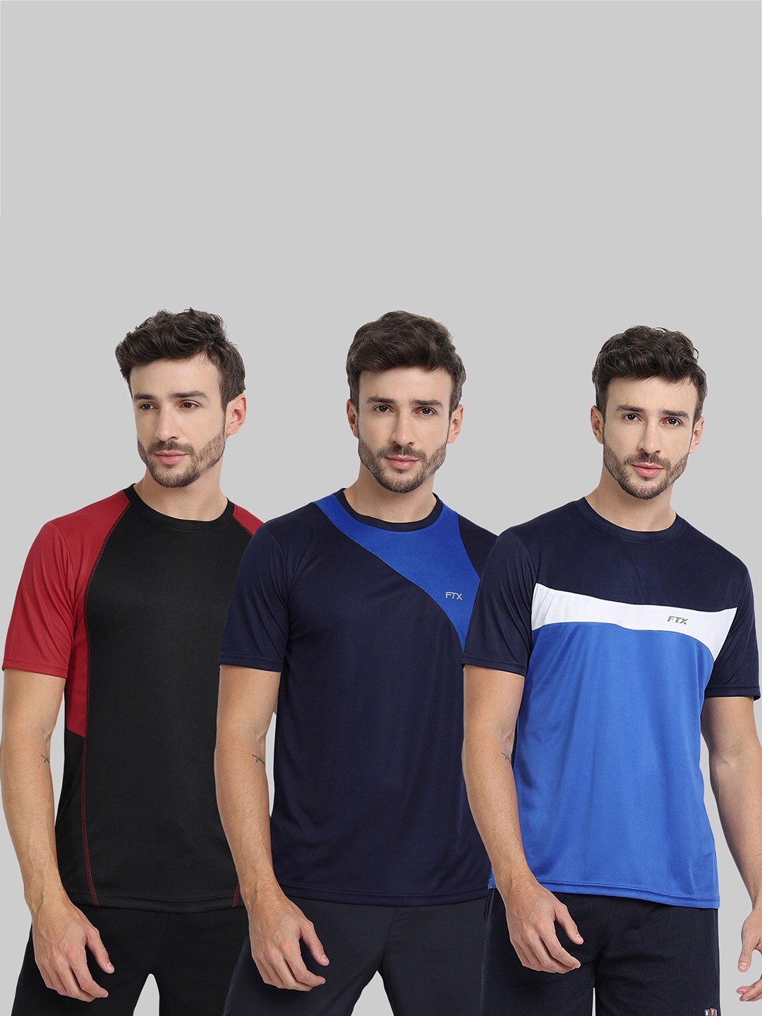 

FTX Pack Of 3 Colourblocked Round Neck Dry-Fit Sports T-shirt, Black