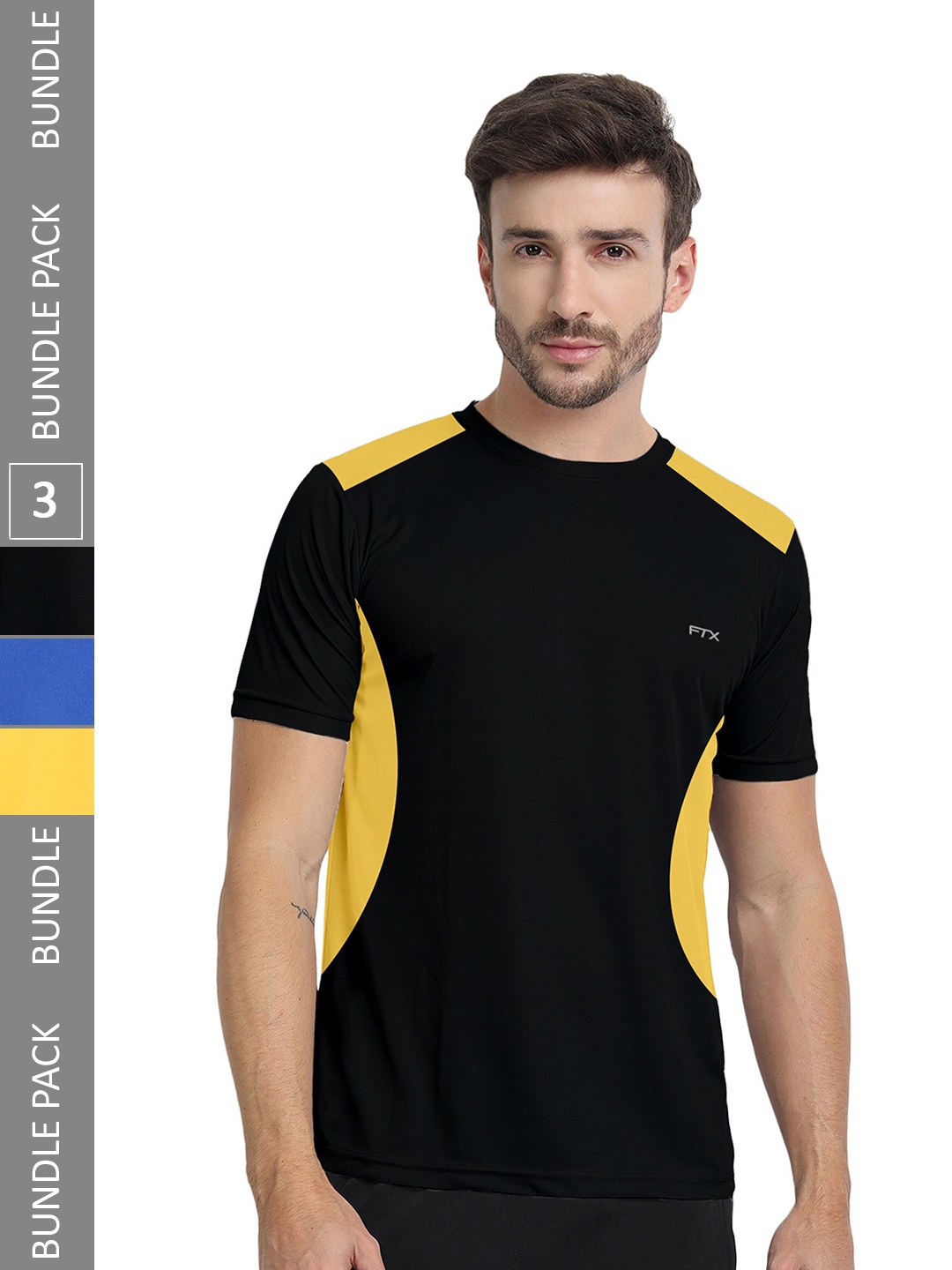 

FTX Pack Of 3 Colourblocked Round Neck Dry-Fit Sports T-shirt, Black