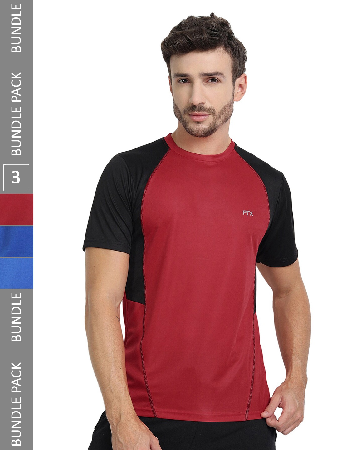 

FTX Pack Of 3 Colourblocked Round Neck Dry-Fit Sports T-shirt, Red