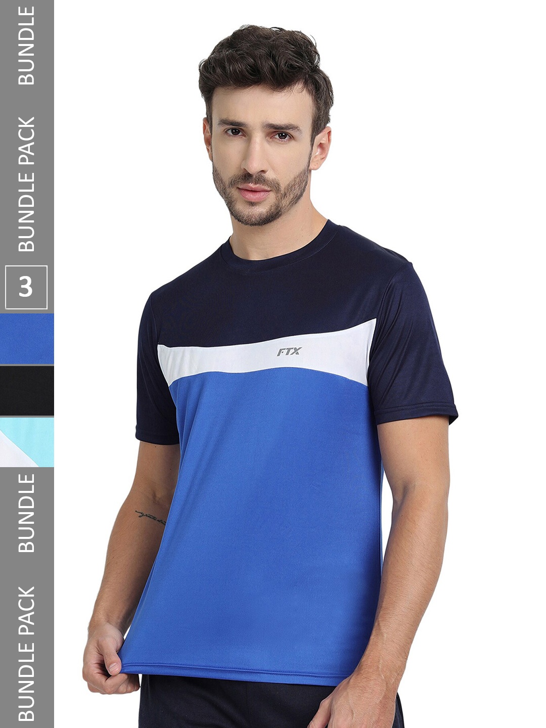 

FTX Pack of 3 Colourblocked Round Neck Dry-Fit Sports T-shirt, Navy blue