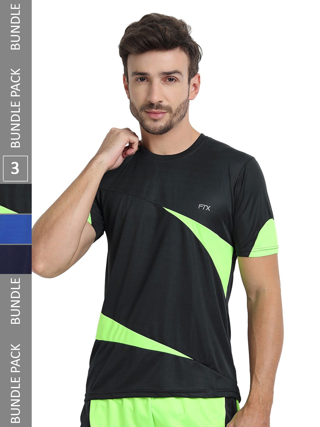 

FTX Pack of 3 Colourblocked Round Neck Dry-Fit Sports T-shirt, Black