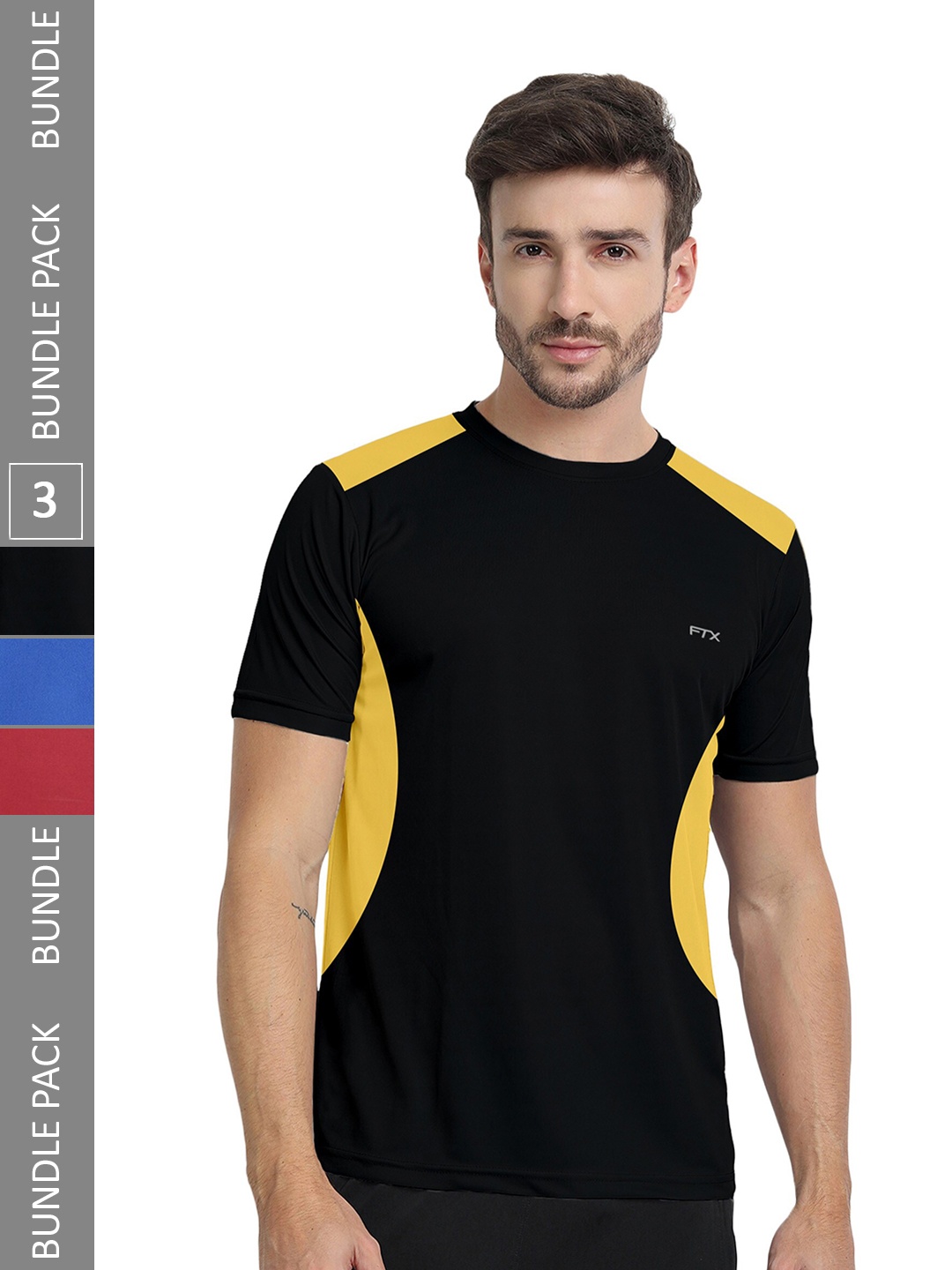 

FTX Pack of 3 Colourblocked Round Neck Dry-Fit Sports T-shirt, Black