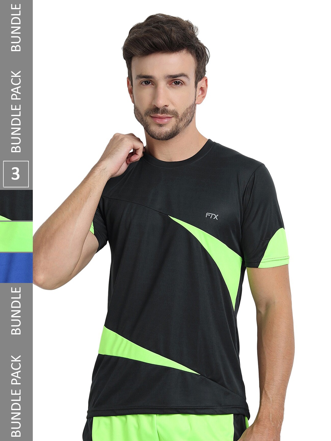 

FTX Pack of 3 Colourblocked Round Neck Dry-Fit Sports T-shirt, Black