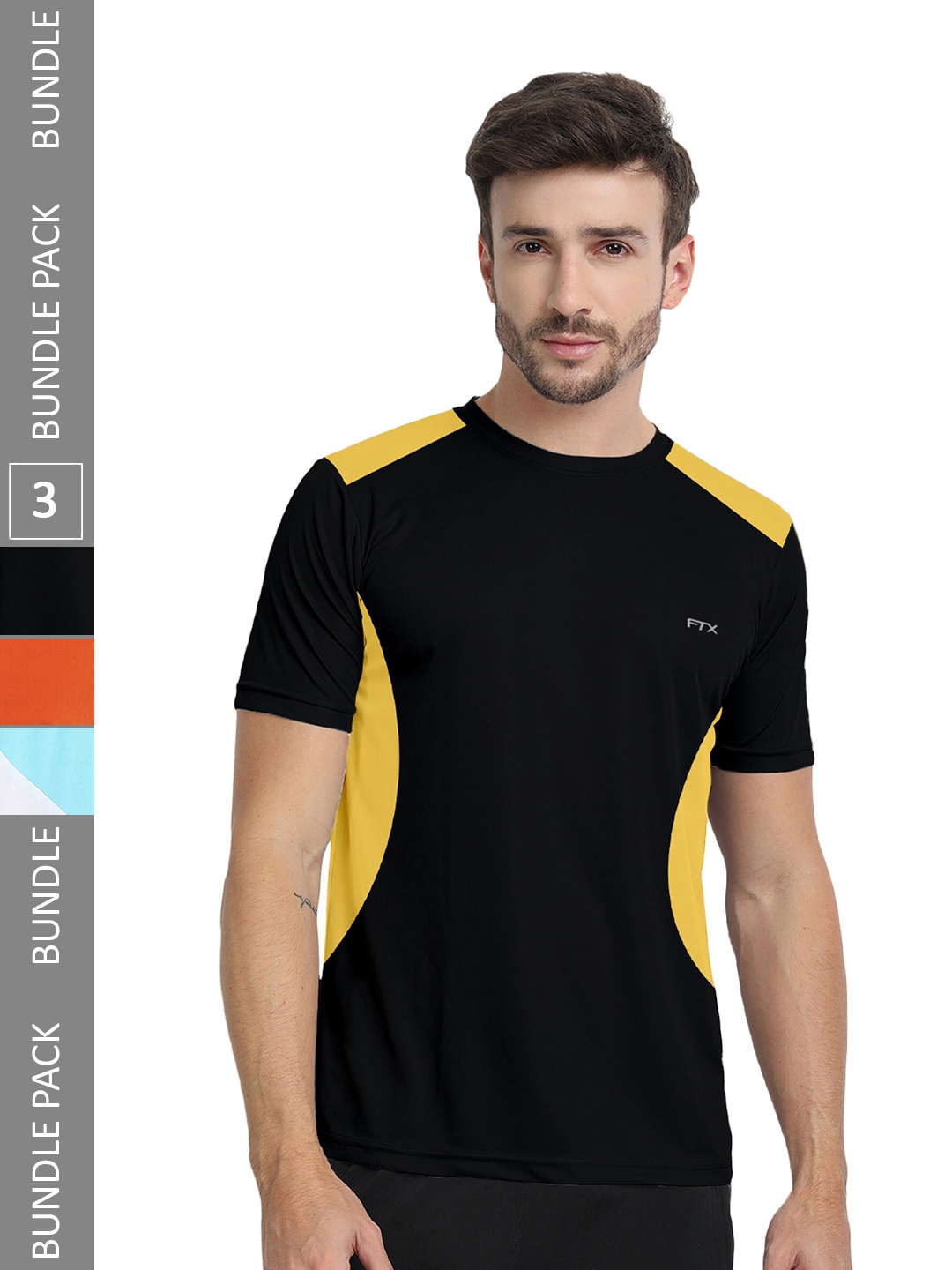 

FTX Pack of 3 Colourblocked Round Neck Dry-Fit Sports T-shirt, Black