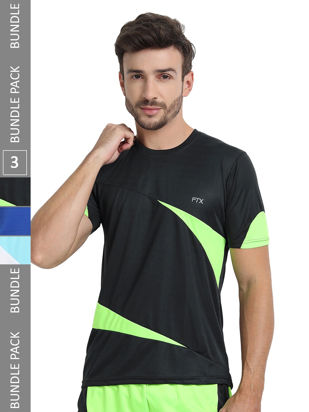 

FTX Pack of 3 Colourblocked Round Neck Dry-Fit Sports T-shirt, Black