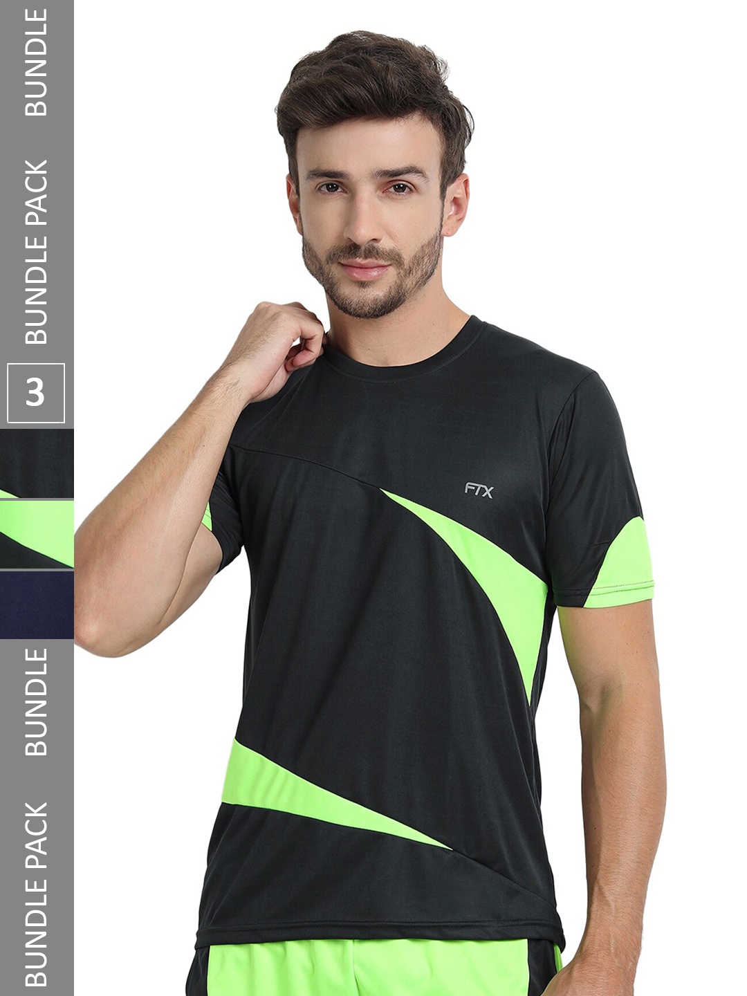 

FTX Pack of 3 Colourblocked Round Neck Dry-Fit Sports T-shirt, Black