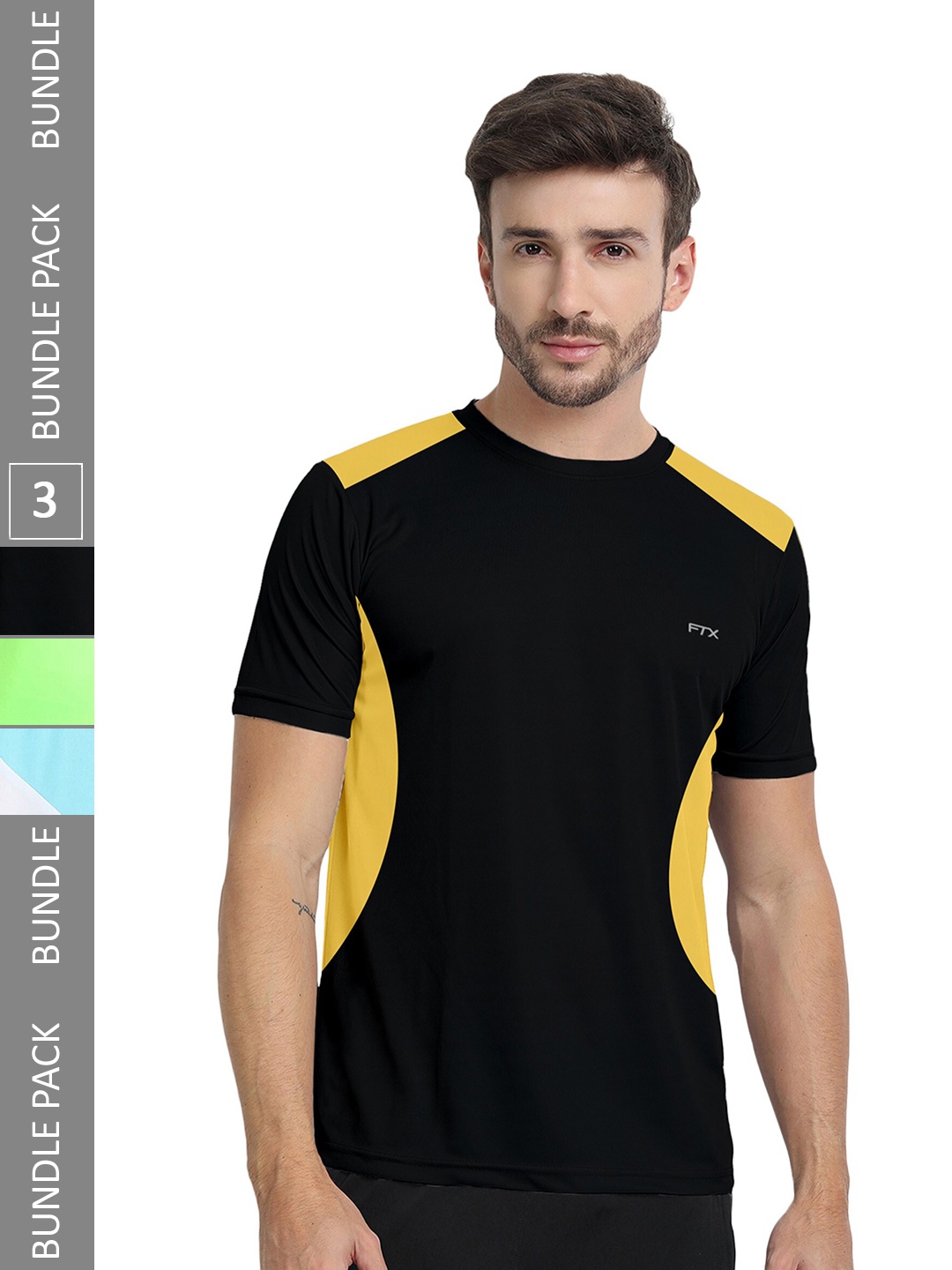 

FTX Pack Of 3 Colourblocked Round Neck Dry-Fit Sports T-shirt, Black