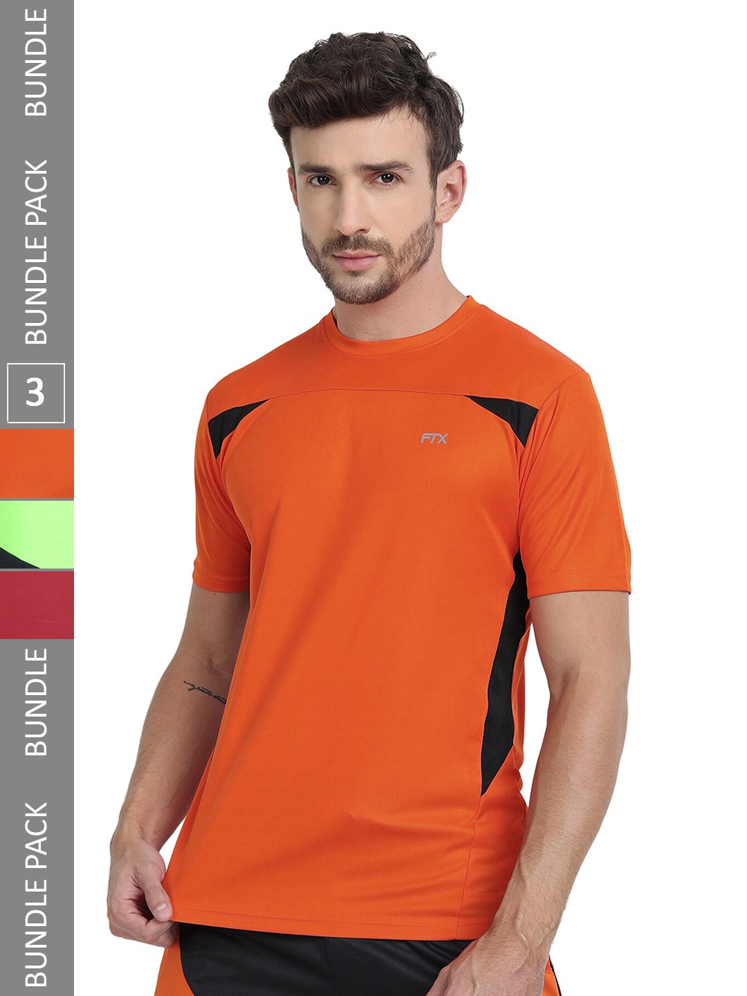 

FTX Pack Of 3 Colourblocked Round Neck Dry-Fit Sports T-shirt, Orange