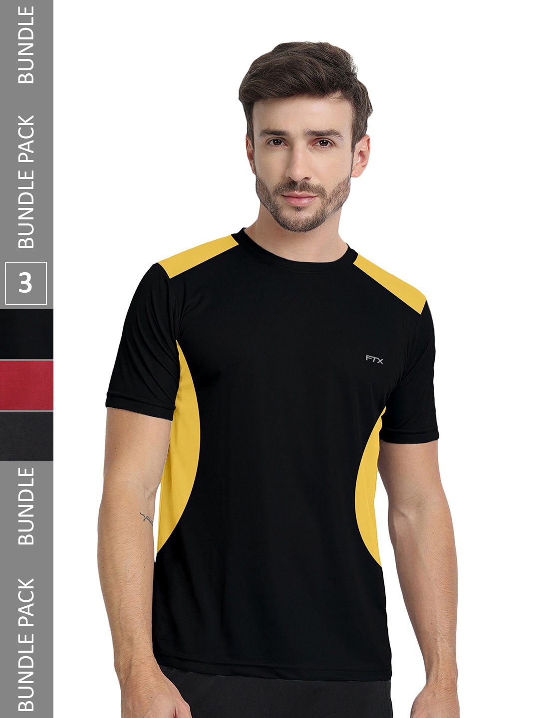 

FTX Pack Of 3 Colourblocked Round Neck Dry-Fit Sports T-shirt, Black