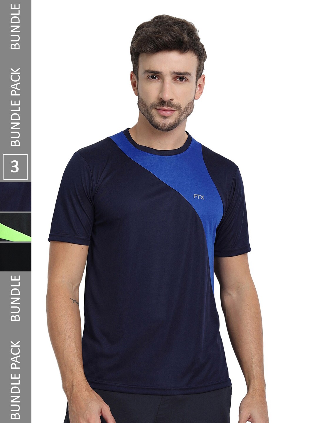 

FTX Pack Of 3 Colourblocked Round Neck Dry-Fit Sports T-shirt, Navy blue