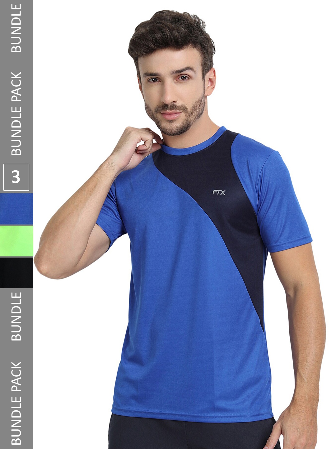 

FTX Pack Of 3 Colourblocked Round Neck Regular Fit Dry Fit Sports T-shirt, Blue