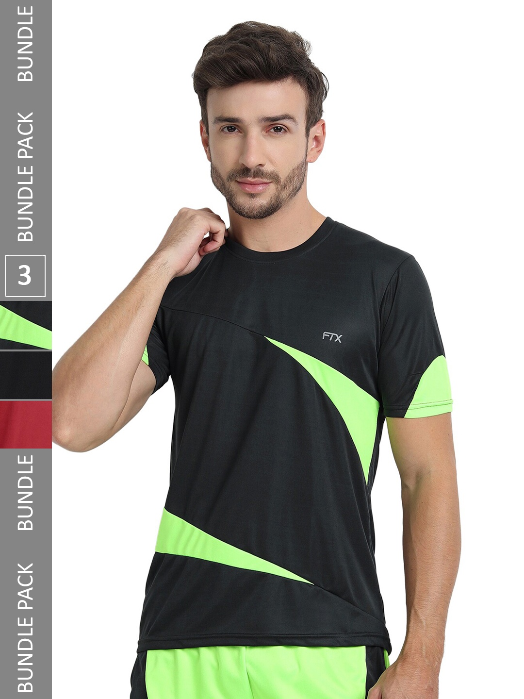 

FTX Pack Of 3 Colourblocked Round Neck Regular Fit Dry Fit Sports T-shirt, Black