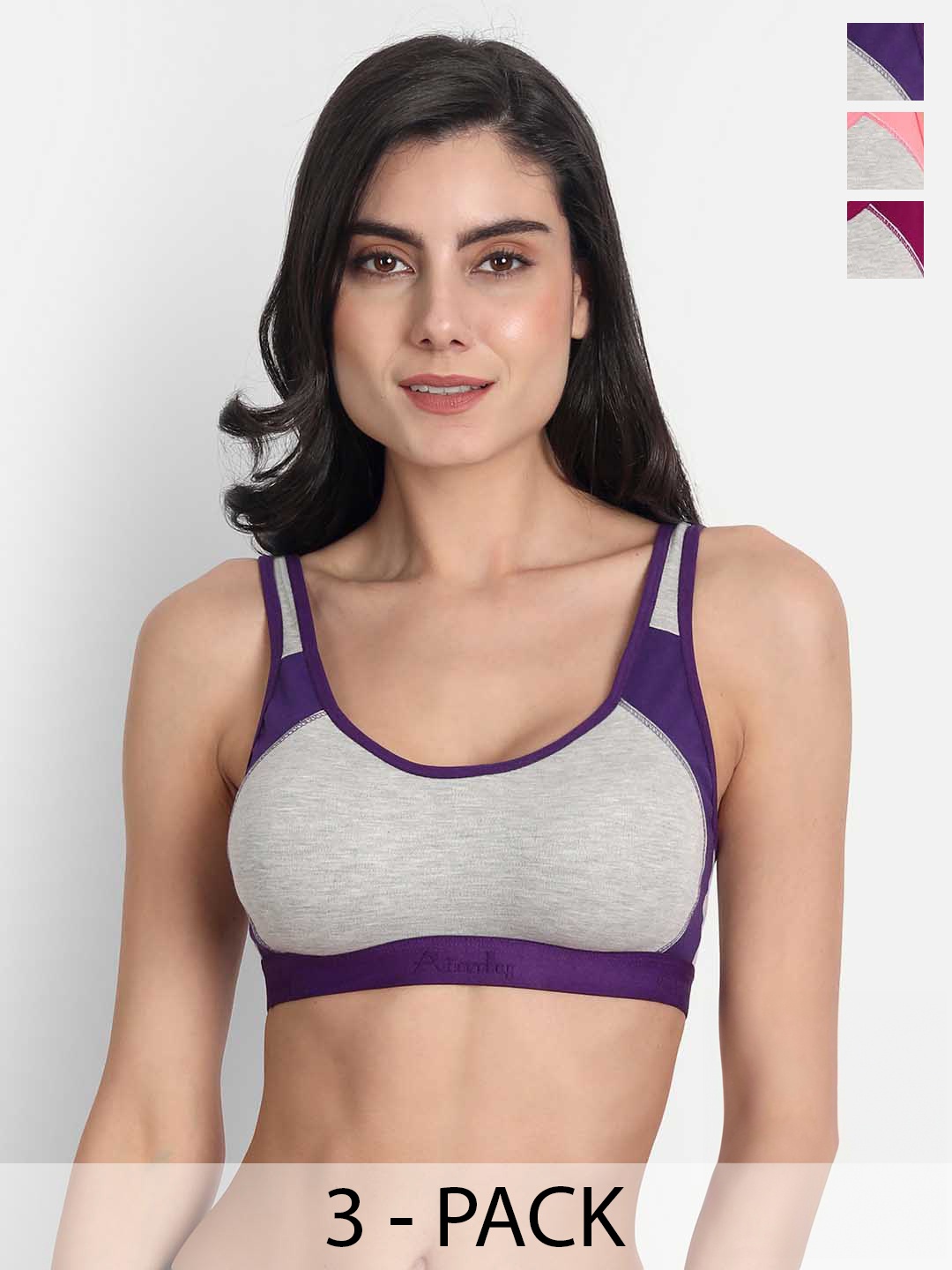 

Aimly Pack Of 3 Colourblocked Full Coverage Workout Bra With All Day Comfort, Grey