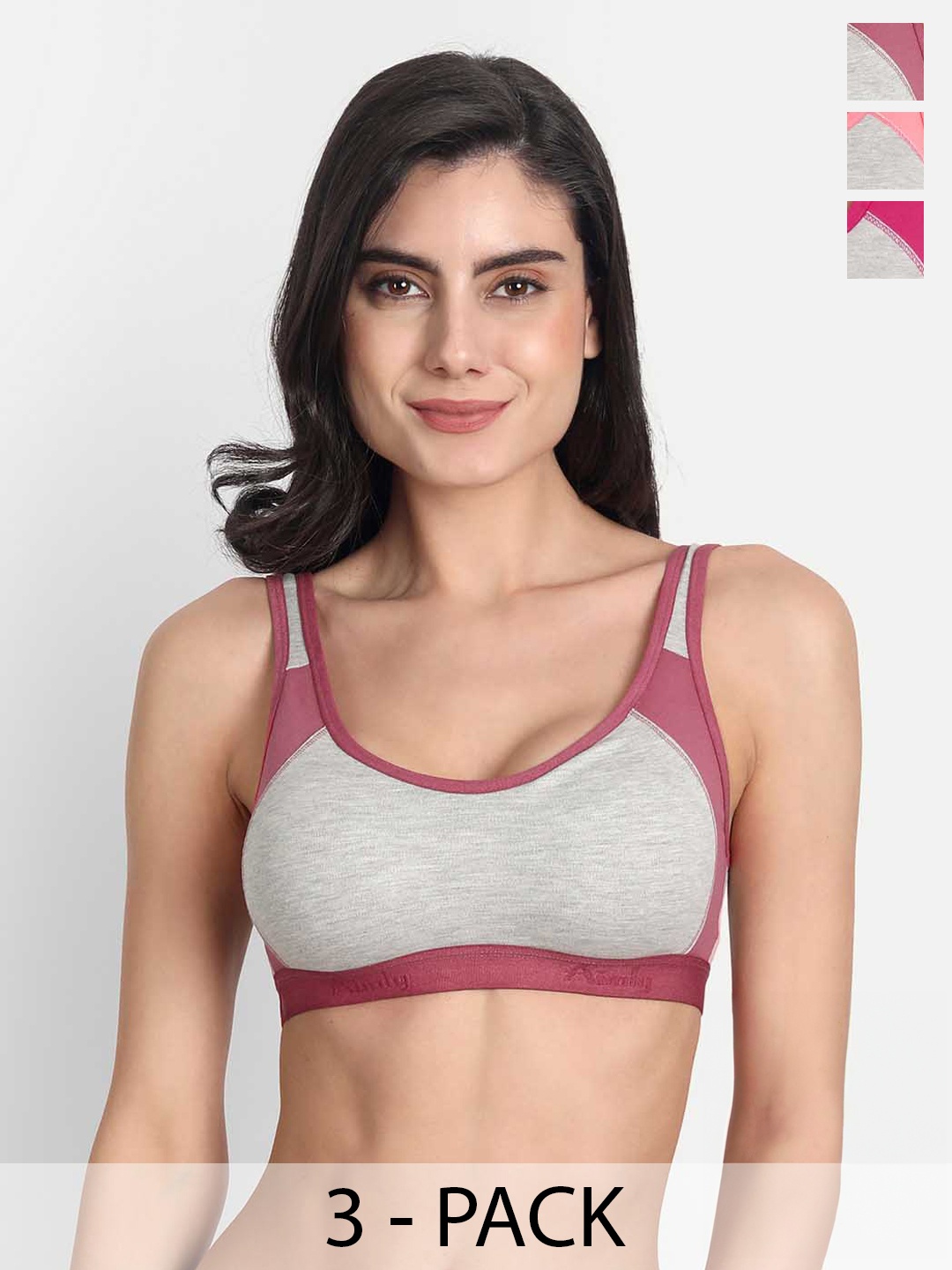 

Aimly Pack Of 3 Colourblocked Full Coverage Workout Bra With All Day Comfort, Grey