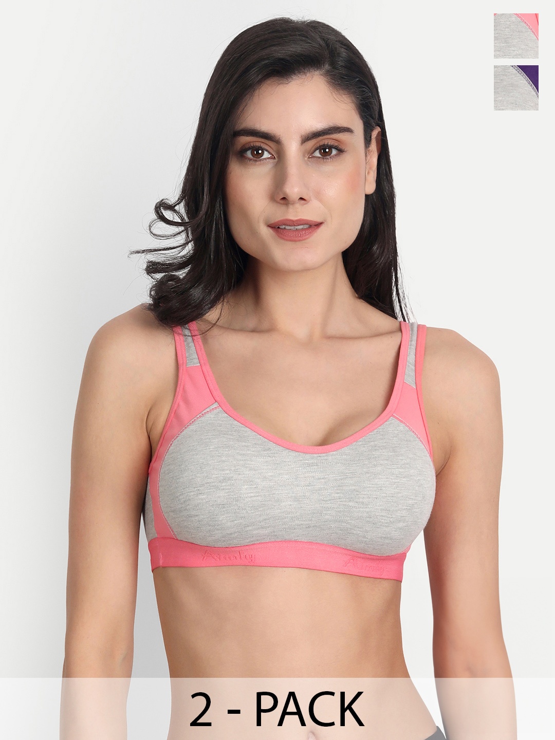 

Aimly Pack Of 2 Colourblocked Non-Padded Full Coverage All Day Comfort Cotton Sports Bra, Grey
