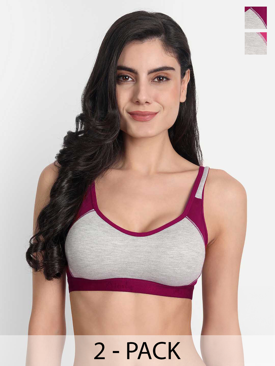

Aimly Pack of 2 Colourblocked Non-Padded Full Coverage All Day Comfort Cotton Sports Bra, Grey