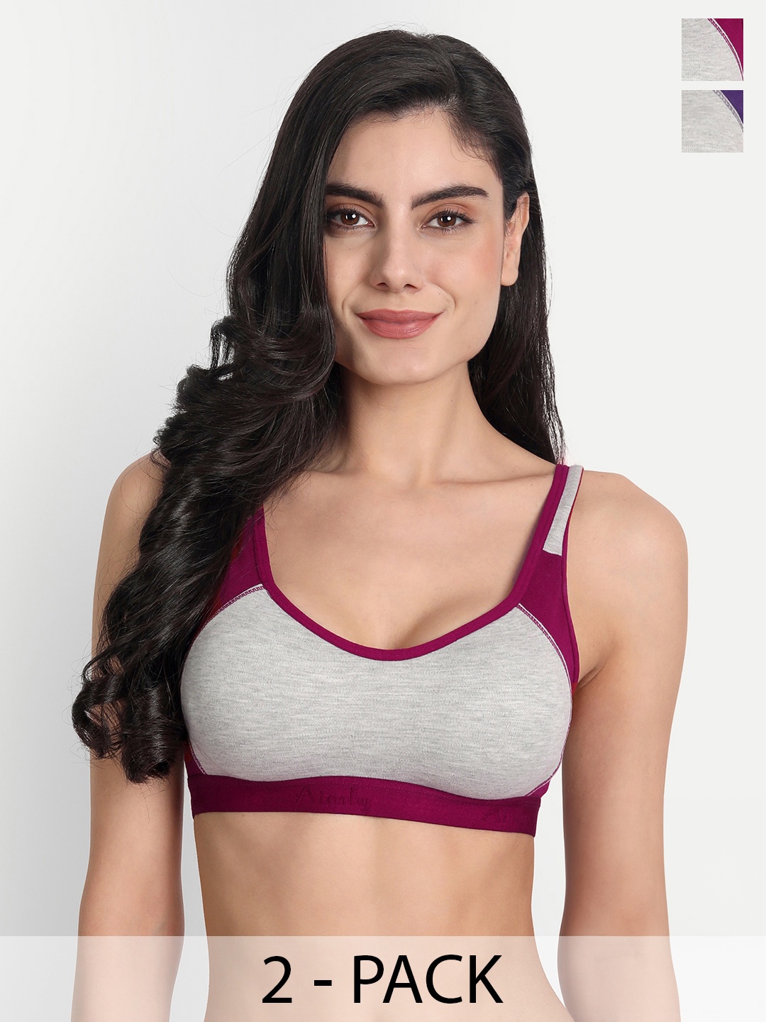 

Aimly Pack Of 2 Colourblocked Non-Padded Full Coverage All Day Comfort Cotton Sports Bra, Grey