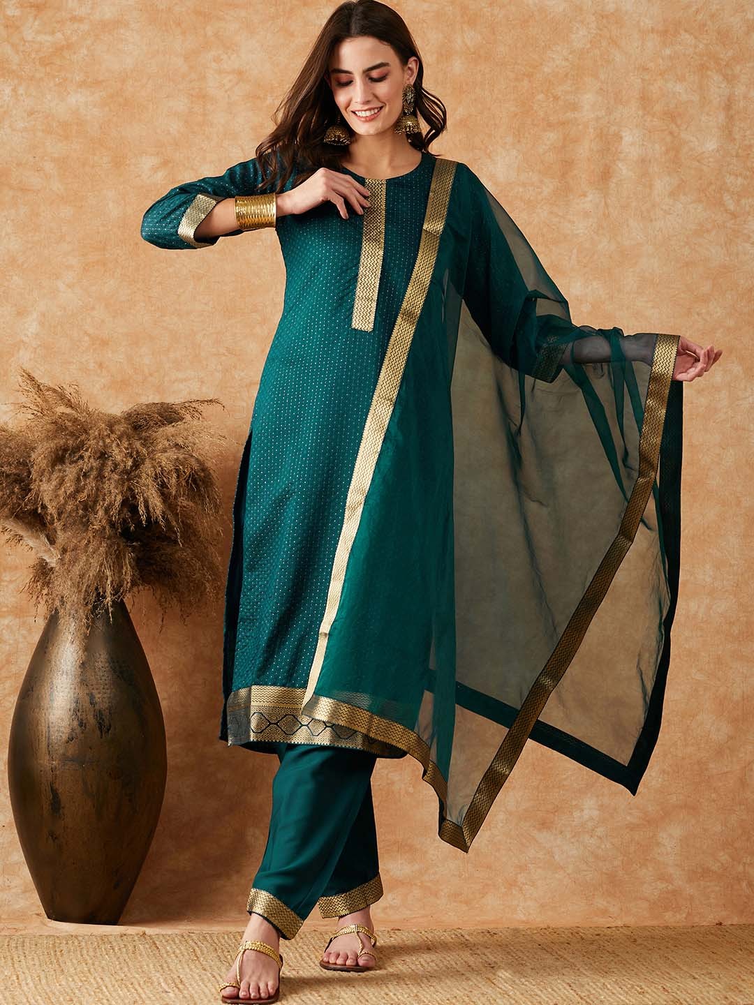 

Sangria Round Neck Ethnic Motif Self Designed Kurta & Trousers With Dupatta, Teal