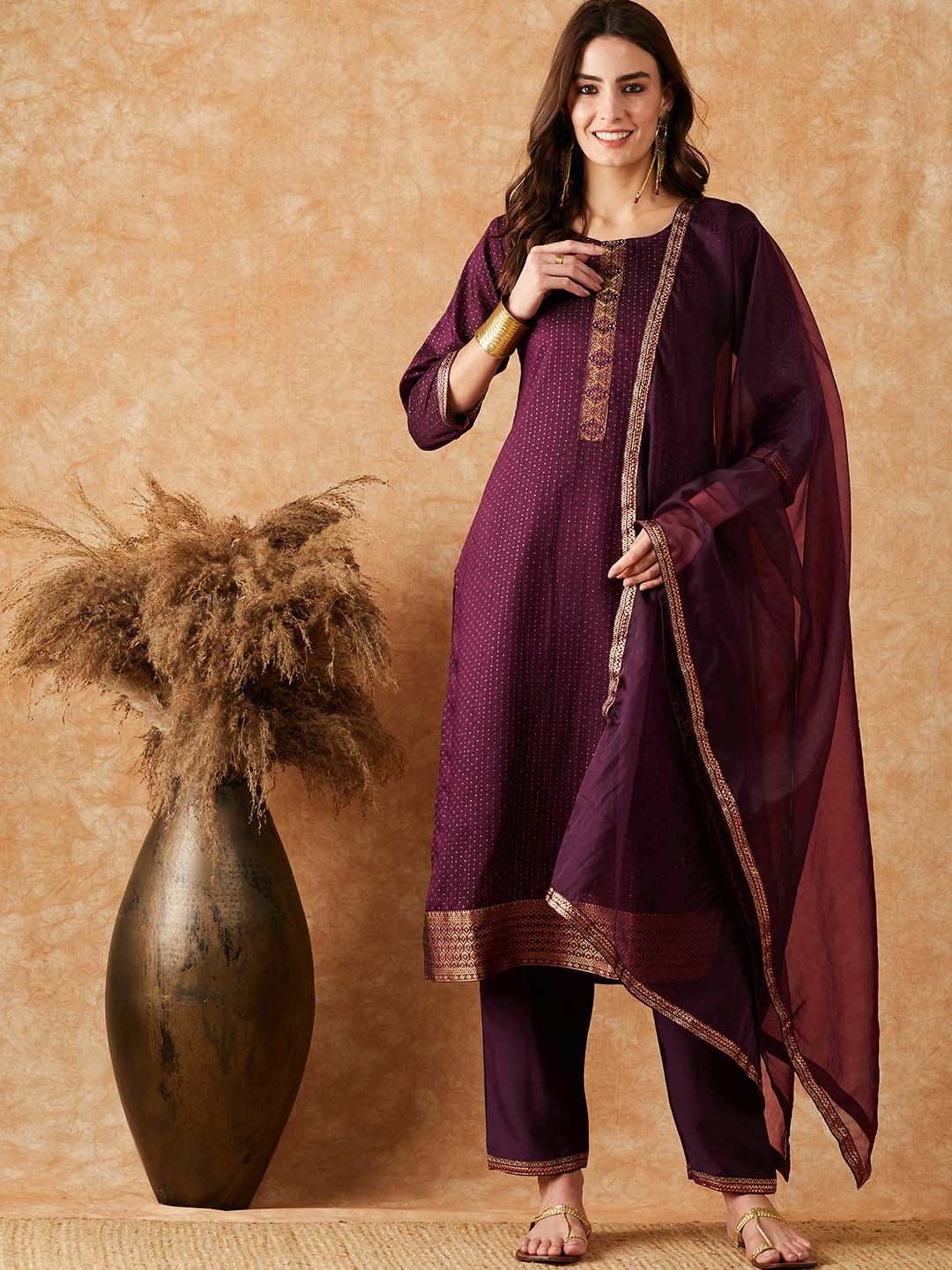 

Sangria Purple Striped Round Neck Three-Quarter Sleeves Straight Kurta Set With Dupatta