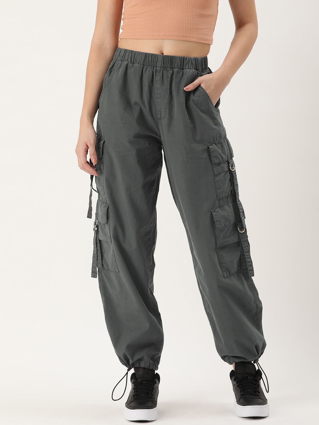

Bene Kleed Women Pure Cotton Parachute Fit High-Rise Cargo Trousers, Grey