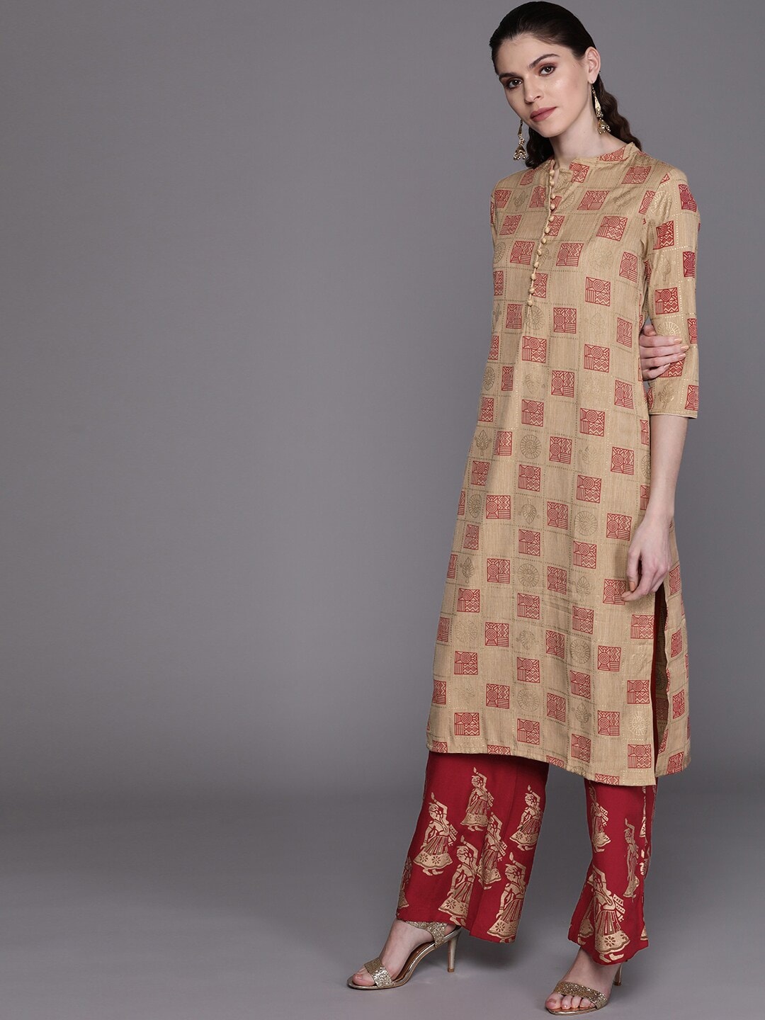 

AKS Geometric Printed Mandarin Collar Straight Kurta With Palazzos, Beige