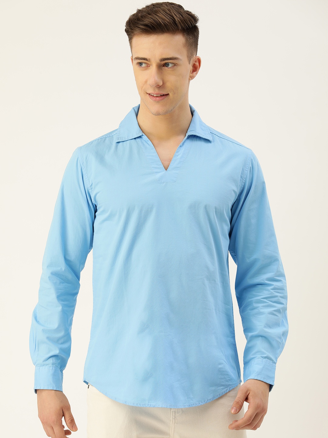 

IVOC Men Shirt Collar Pure Cotton Kurta, Turquoise blue