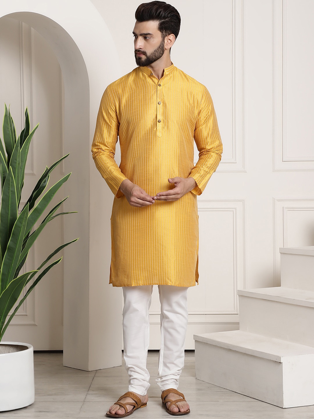 

SOJANYA Vertical Striped Mandarin Collar Regular Kurta with Churidar, Mustard