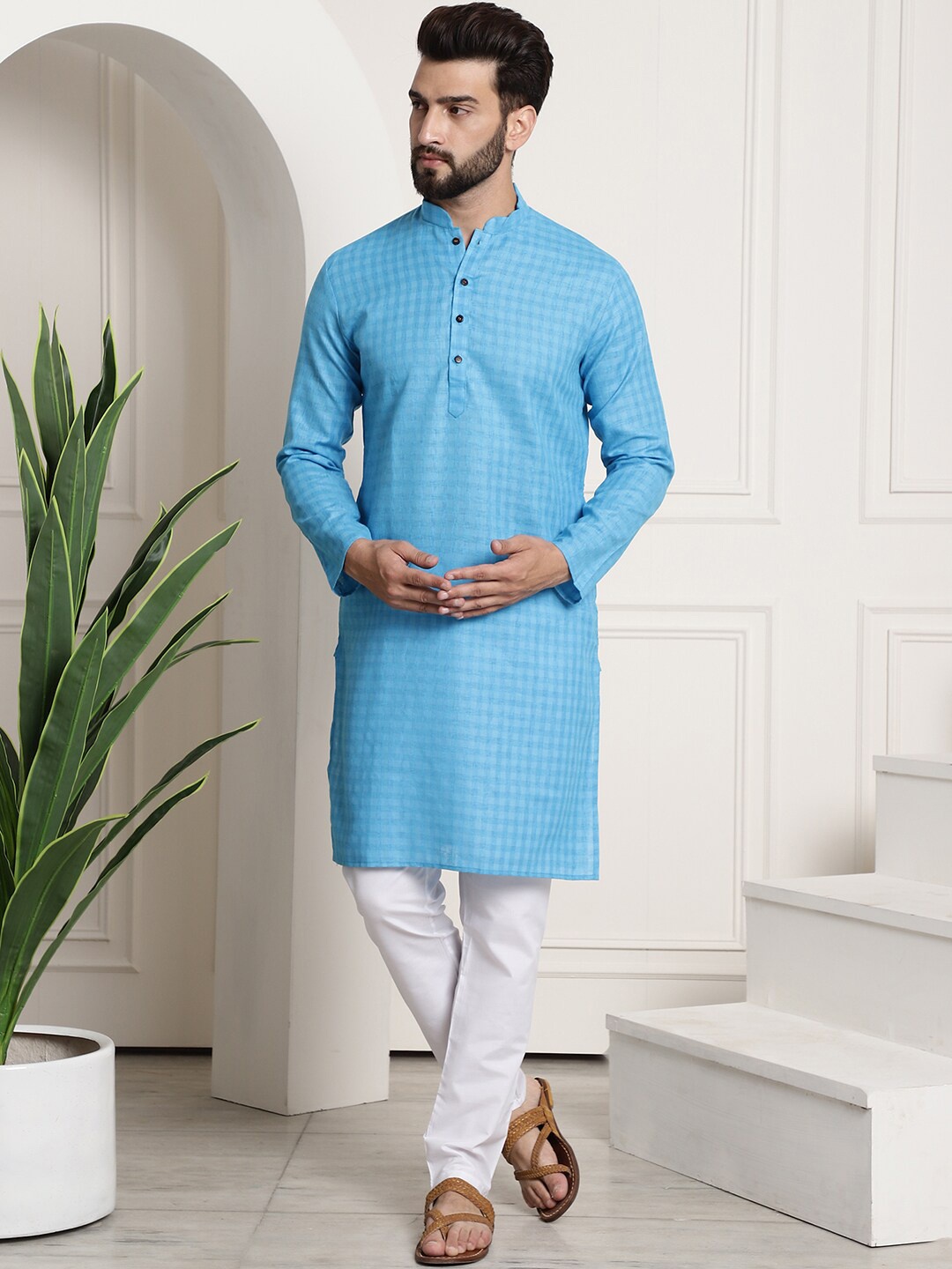 

SOJANYA Checked Mandarin Collar Regular Kurta with Churidar, Blue