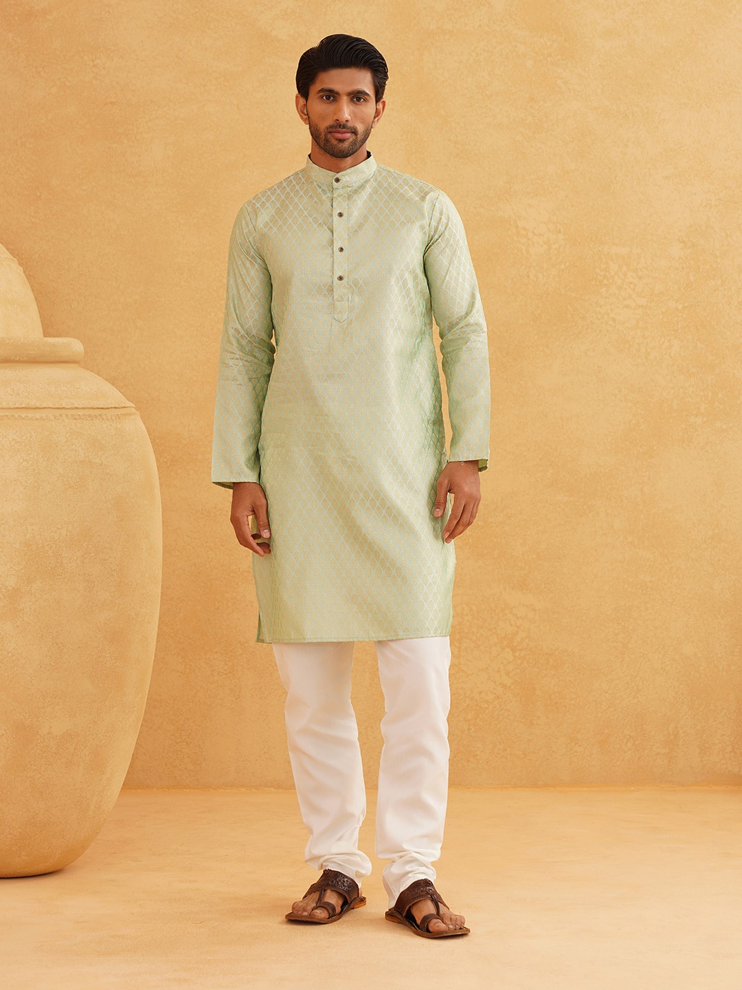 

SOJANYA Floral Woven Design Mandarin Collar Kurta with Churidar, Green