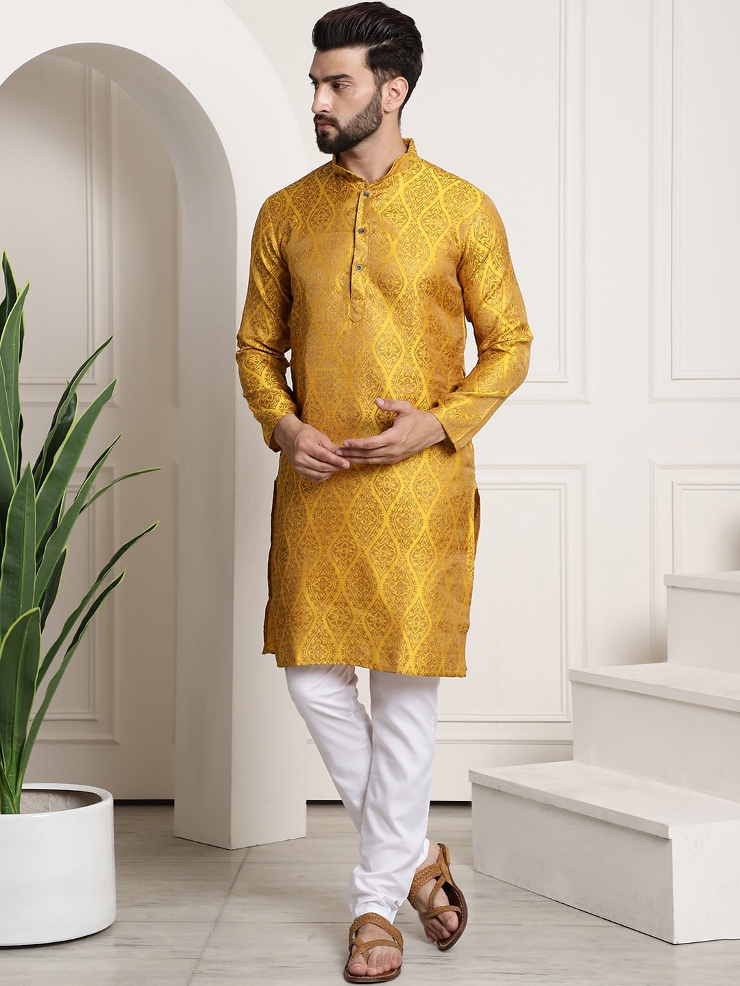 

SOJANYA Ethnic Motifs Woven Design Mandarin Collar Kurta With Churidar, Mustard