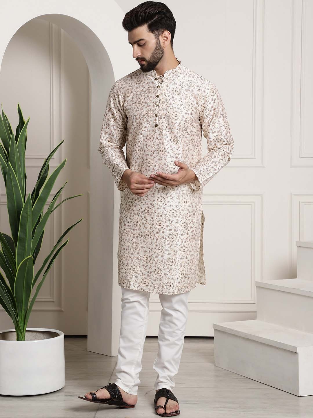 

SOJANYA Floral Printed Regular Straight Kurta With Churidar, Cream