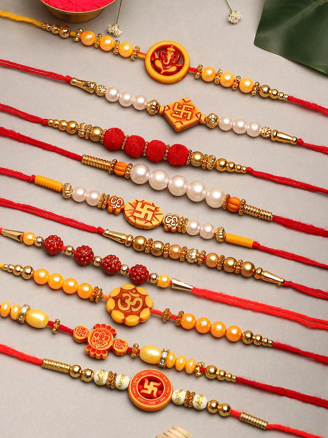 

The Purple Tree Unisex Set Of 10 Studded & Beaded Thread Rakhis, Red