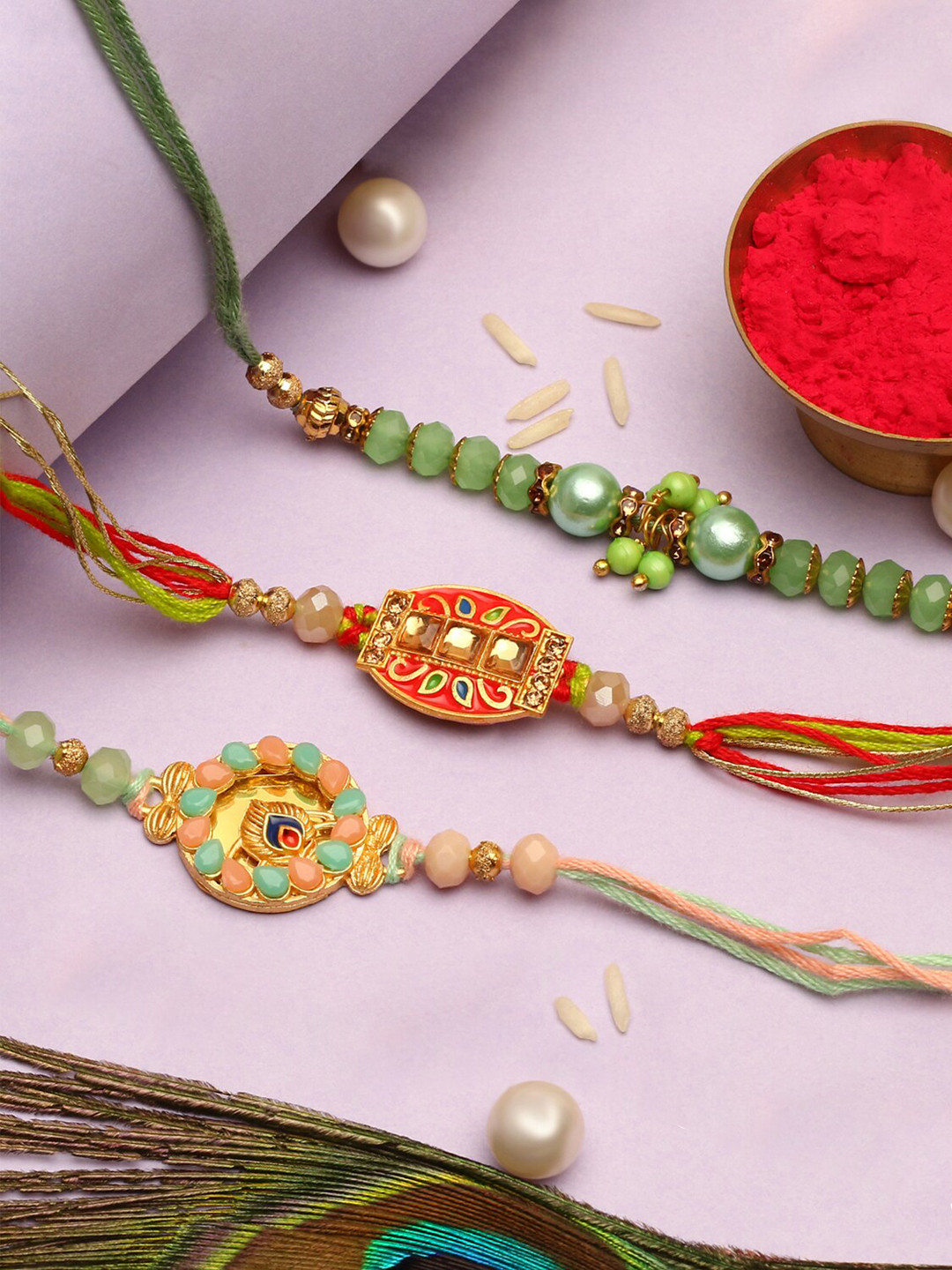 

The Purple Tree Unisex Set Of 3 Studded & Beaded Thread Rakhis, Green