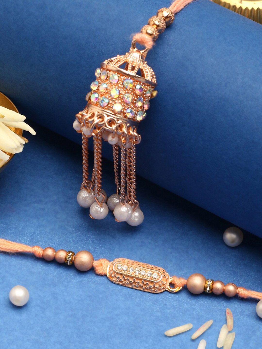 

The Purple Set Of 2 Stone Studded Rakhi & Lumba, Gold