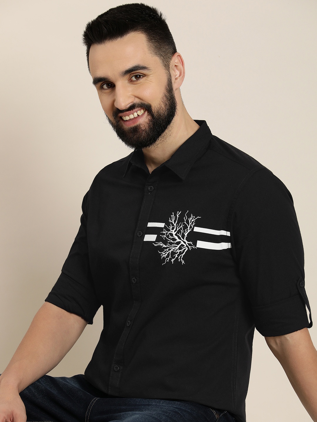 

HERE&NOW Men Slim Fit Opaque Printed Casual Shirt, Black