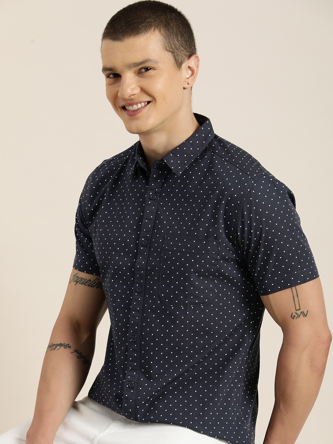 

HERE&NOW Men Slim Fit Polka Dots Opaque Printed Casual Shirt, Navy blue