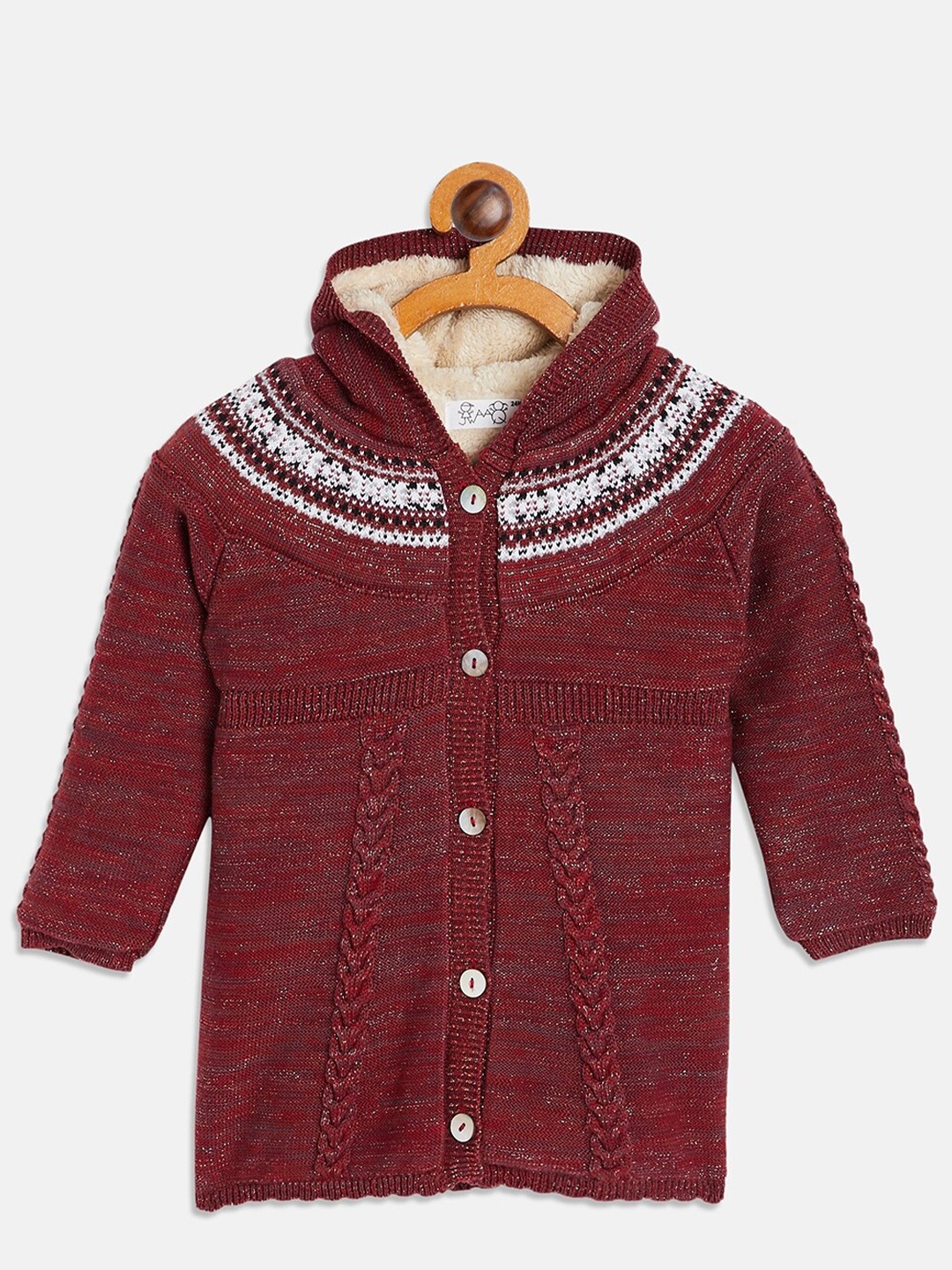 

Wildlinggs Girls Self Designed Hooded Pure Cotton Cardigan, Maroon