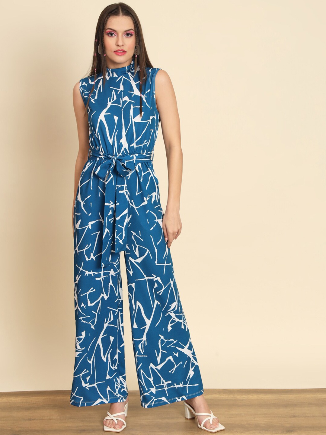 

MAZIE High Neck Abstract Printed Basic Jumpsuit, Blue
