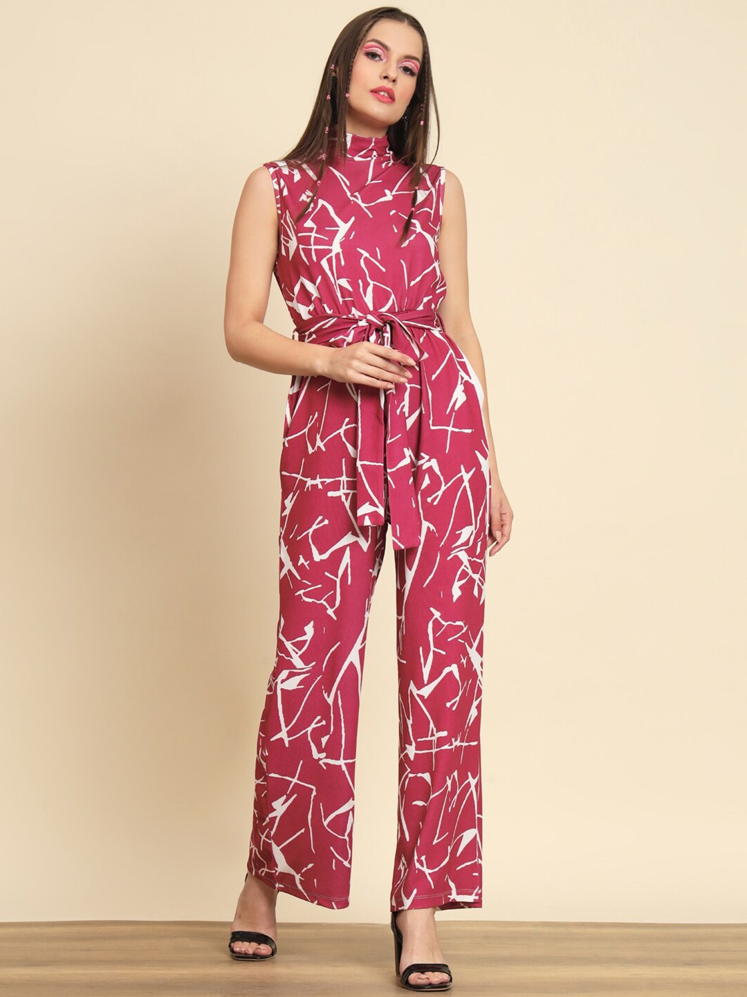 

MAZIE High Neck Abstract Printed Basic Jumpsuit, Pink