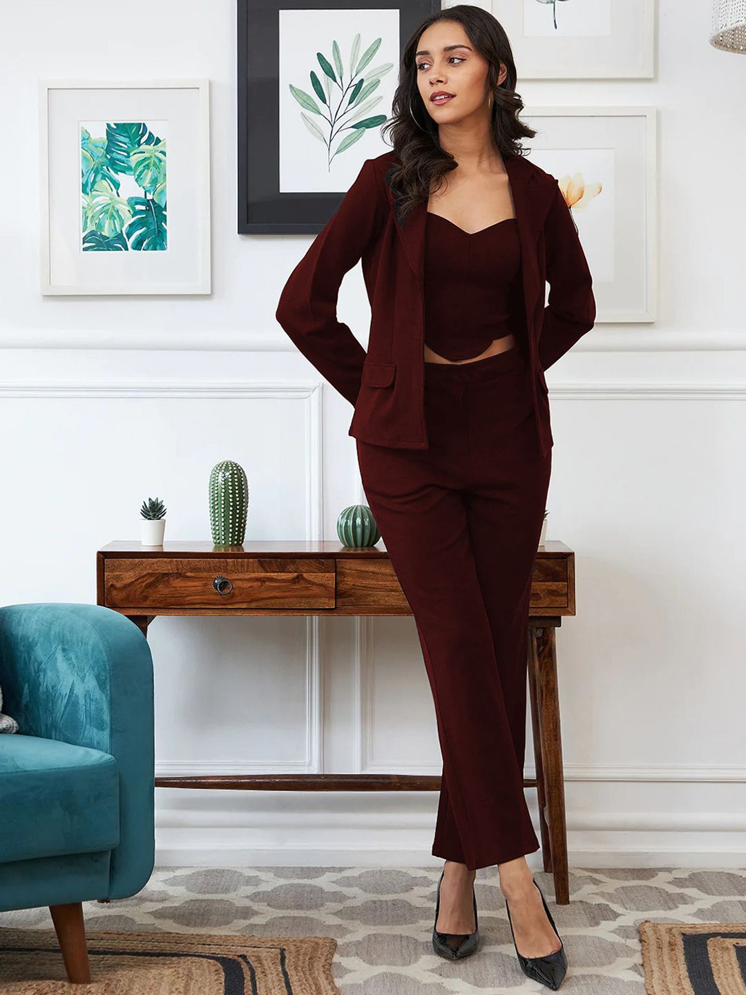 

DEETYA ARTS Shoulder Straps Top With Blazer & Trousers, Burgundy