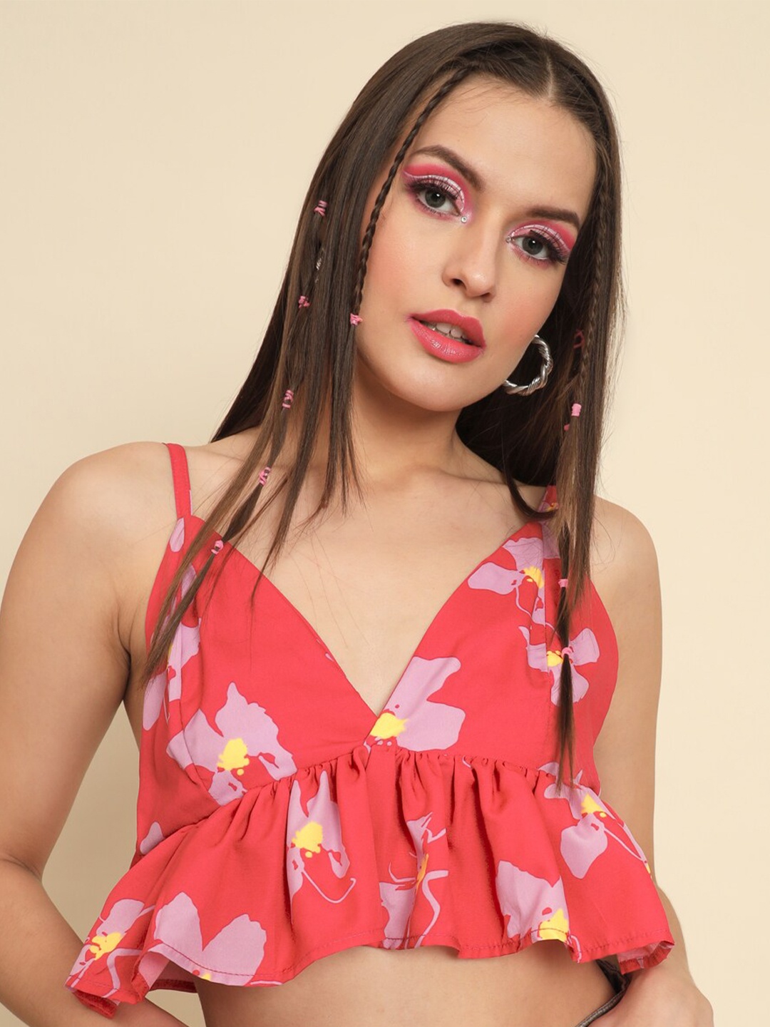 

MAZIE Floral Printed Shoulder Strap Peplum Crop Top, Peach