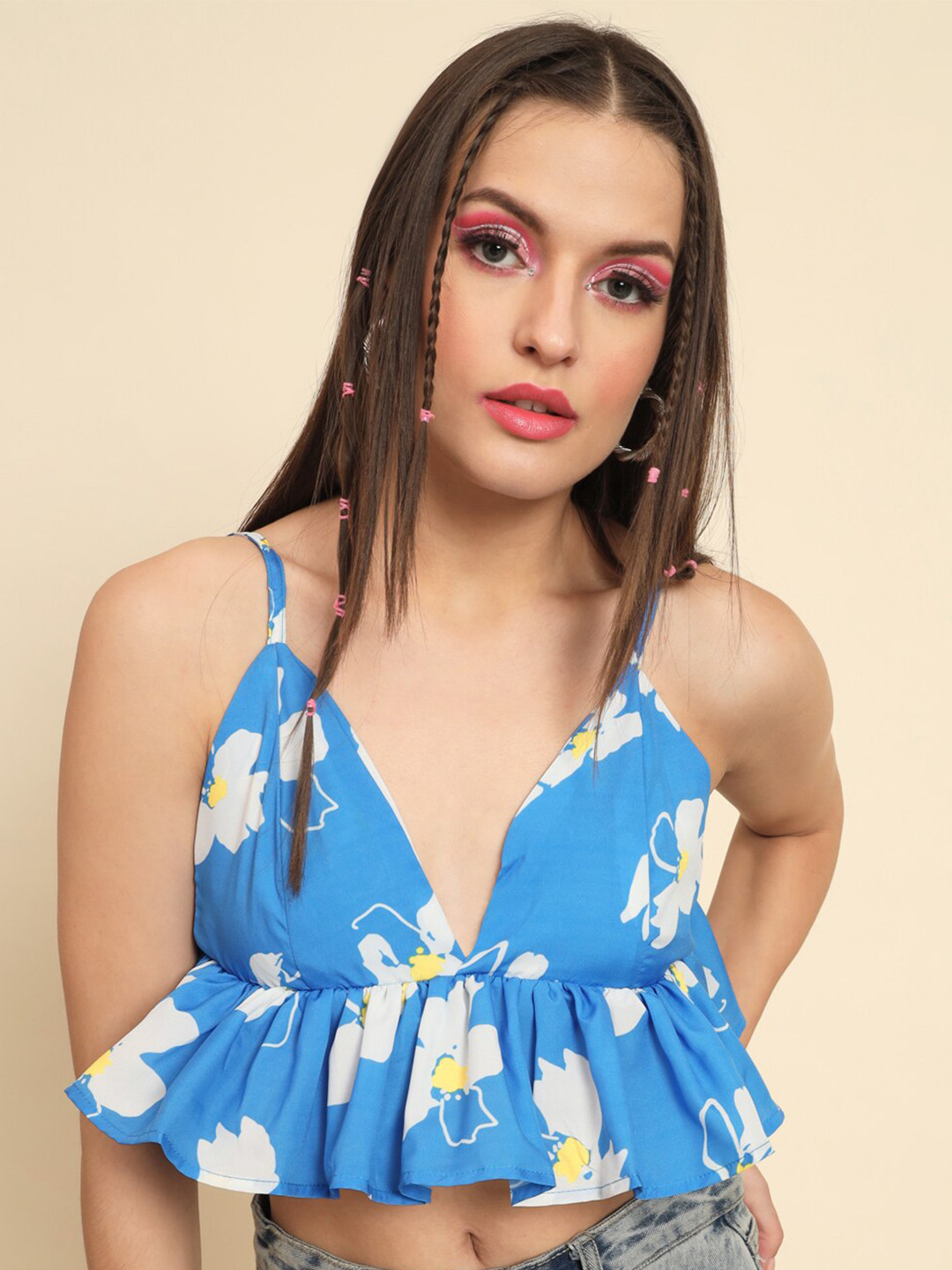 

MAZIE Floral Printed Shoulder Strap Peplum Crop Top, Turquoise blue