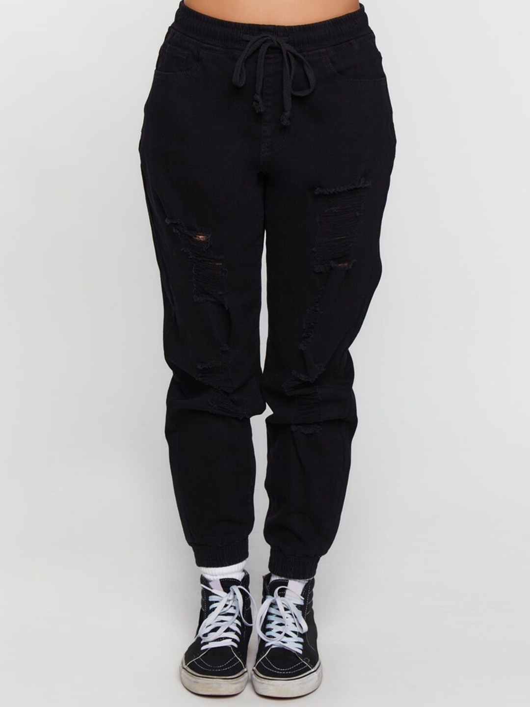 

FOREVER 21 Women Mid Rise Highly Distressed Stretchable Joggers, Black