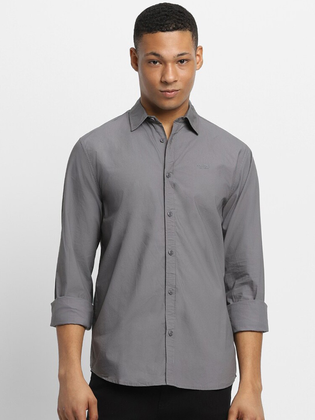 

FOREVER 21 Spread Collar Roll-Up Sleeves Cotton Casual Shirt, Grey