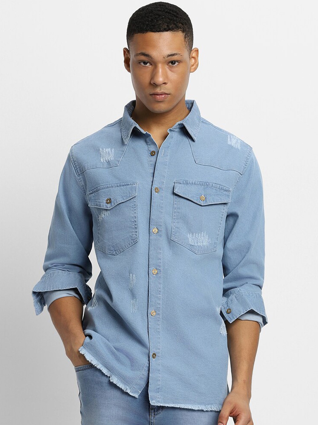 

FOREVER 21Spread Collar Roll-Up Sleeves Cotton Casual Shirt, Blue